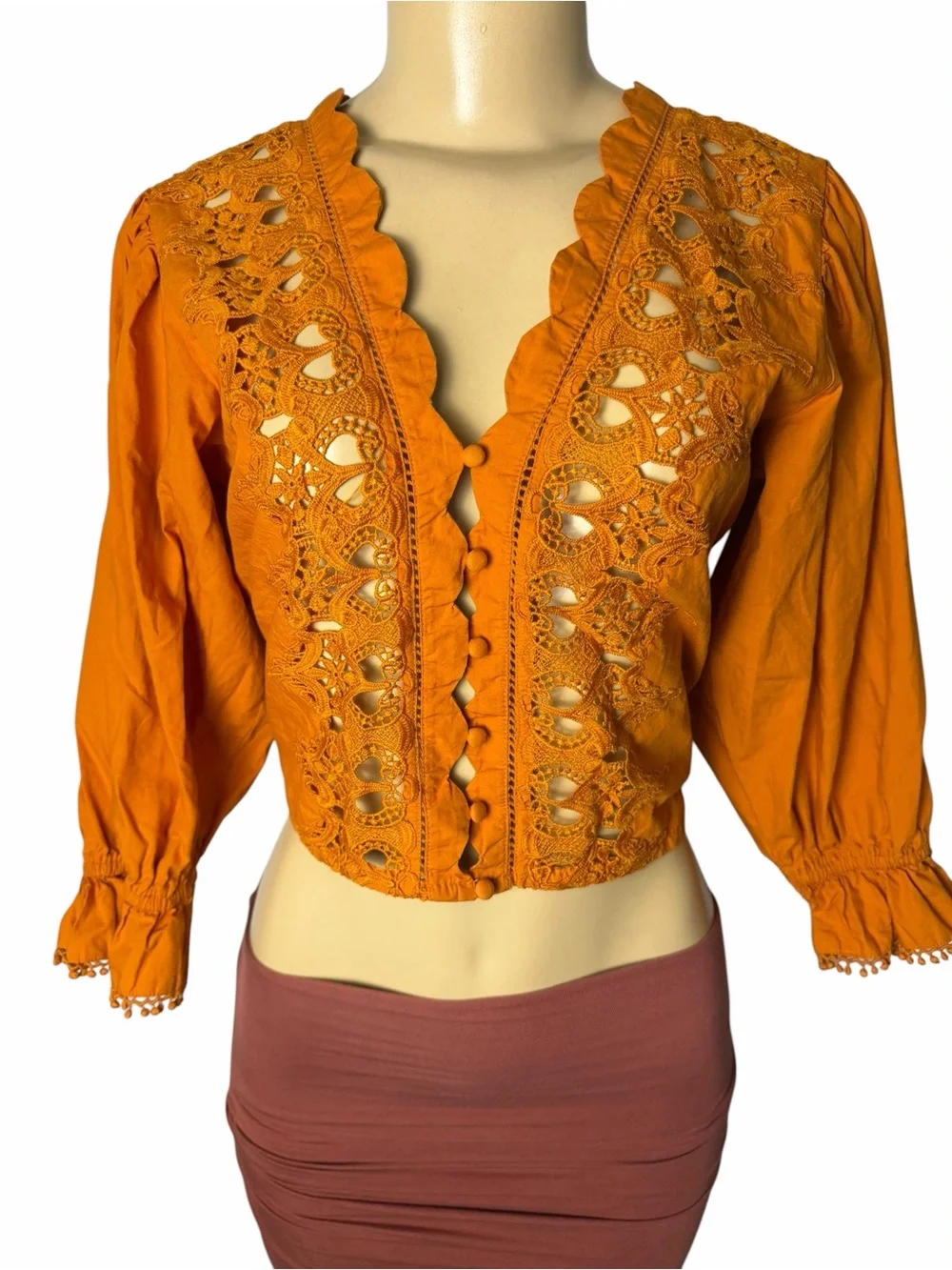 Free People Louella Embroidered Blouse Orange Puffed Sleeve NWT Size small